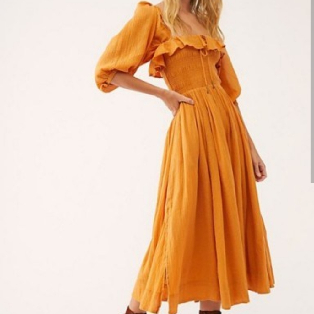 Free People Orange Oasis Smocked Ruffle Cotton Boho A-line Midi Dress XS